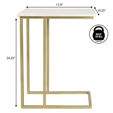 Caius 24.25" Designer Industrial Metal C-Shaped End Table and Side Couch Table with White Marble Top
